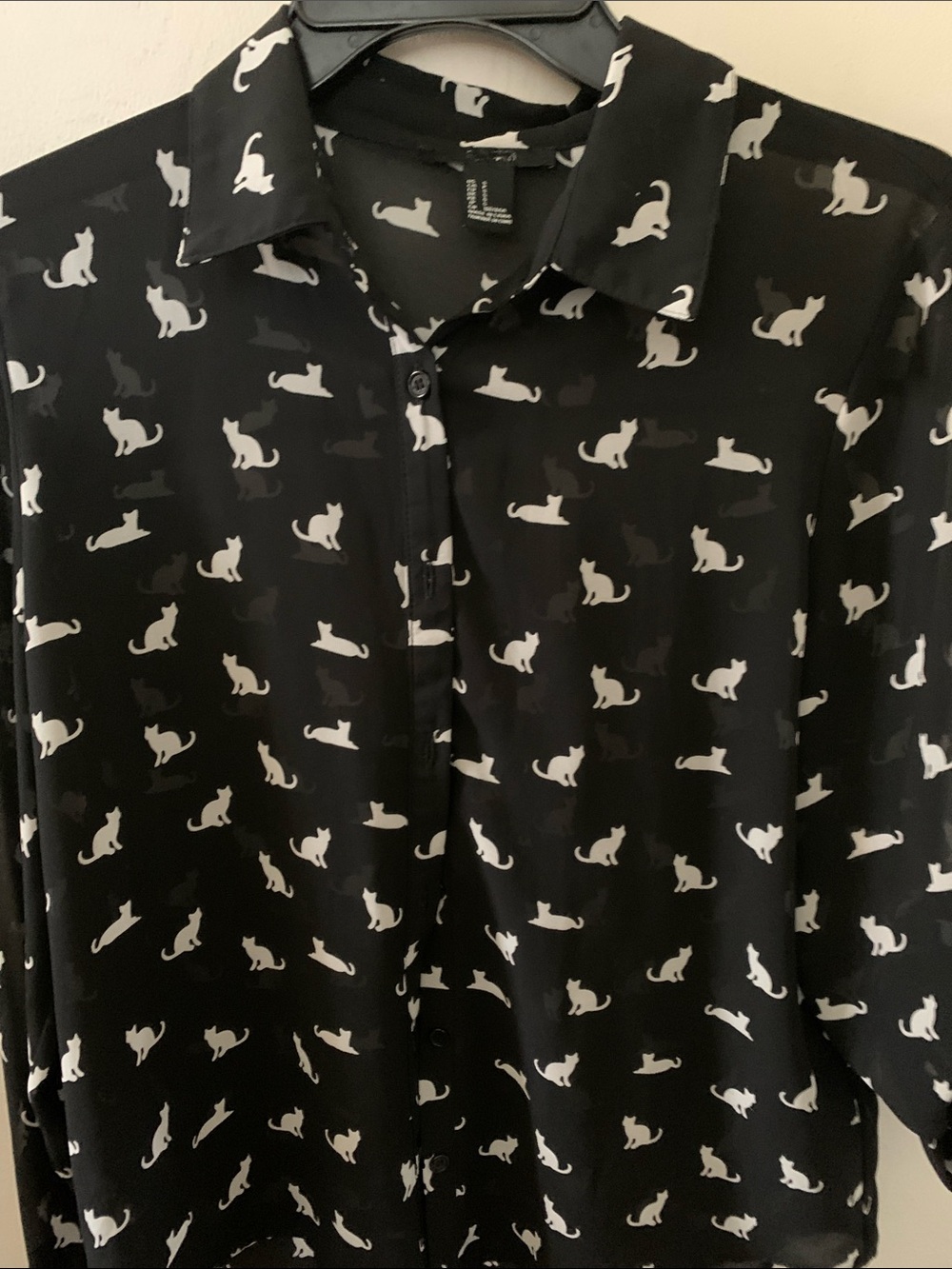 Sheer Black Cat-Print Button-Up Shirt